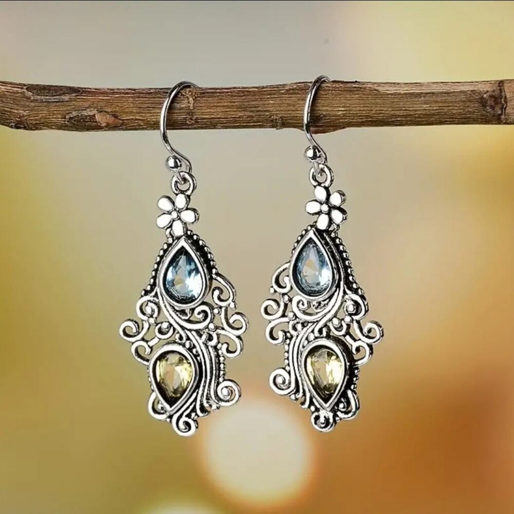Floral filagree boho sliver tone earrings w/ blue & yellow teardrop rhinestones